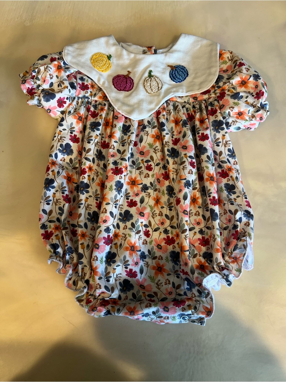 Floral Pumpkin Embroidered Baby Bubble Romper - White Multicolor